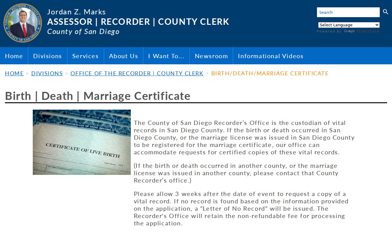 San Diego public records birth death and marriage certificate options