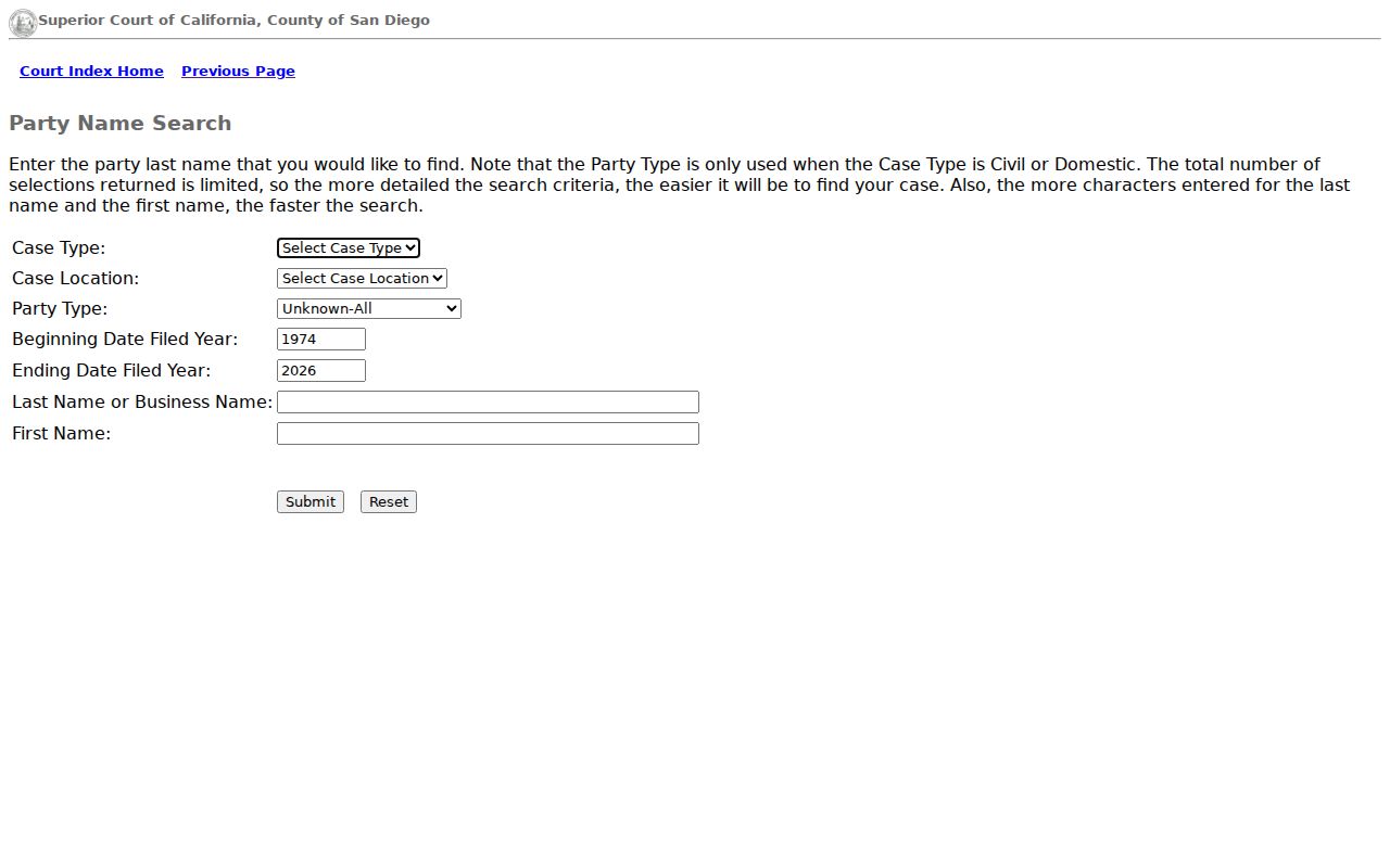 San Diego public records court party-name search fields